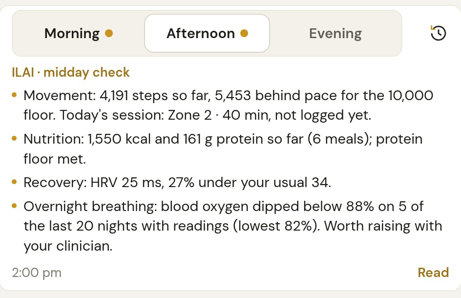 ILAI's midday check on Alex's phone: steps behind pace, 1,550 kcal and 161 g protein so far, HRV 27% under usual, and overnight blood oxygen worth raising with the clinician